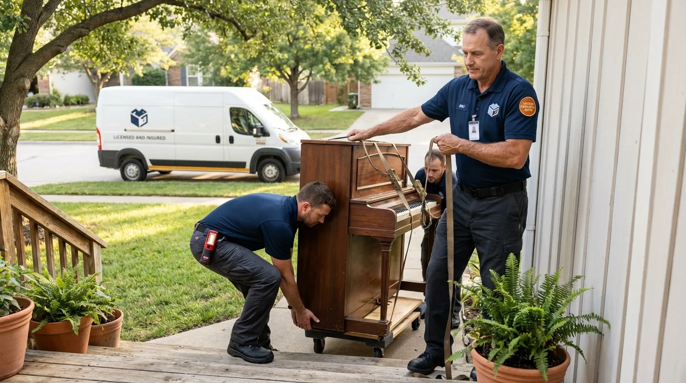 Licensed piano movers securing grand piano in Carlisle, AR