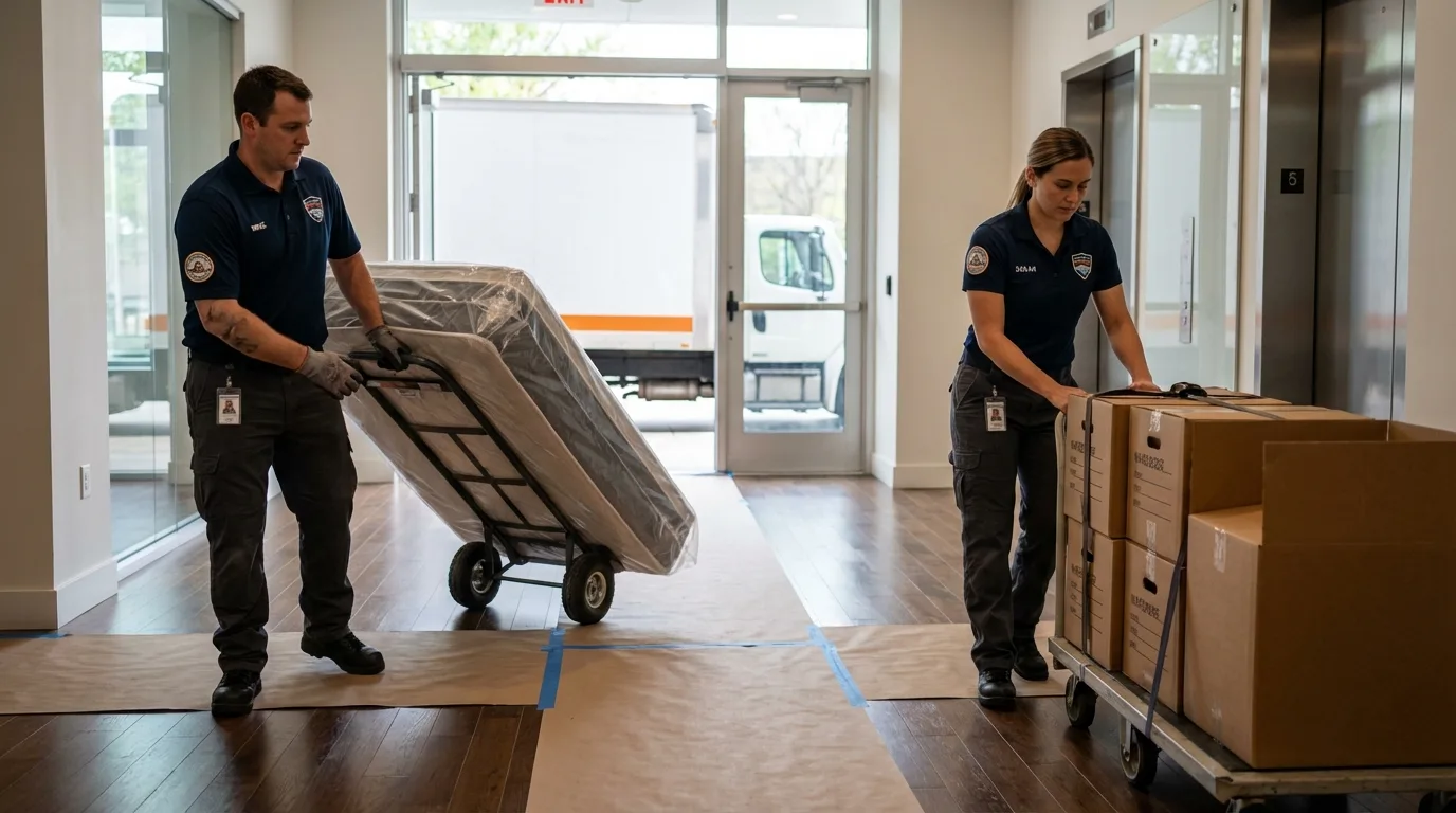 Professional apartment movers loading elevator in Carlisle, AR